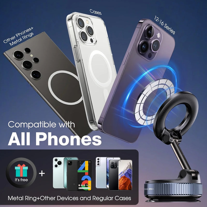 2026 Upgraded Vacuum Magnetic Car Phone Holder 360° Reinforced 96LBS Ultra Suction Cup Phone Mount for MagSafe Cell Phone