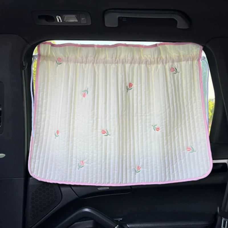 Cute Cartoon Embroidered Thickened Cotton Baby Car Window Sunshade Cover UV Protection Suction Cup Installed Sliding Curtain